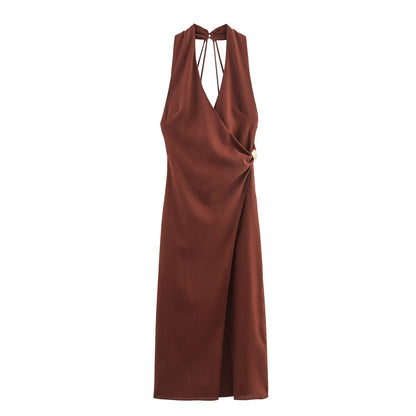 Women Linen Blended Gold Inlaid Midi Dress