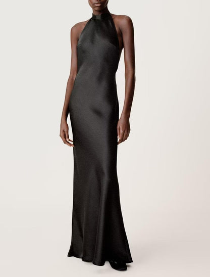 Summer Hanging Collar Silk Satin Texture Dress