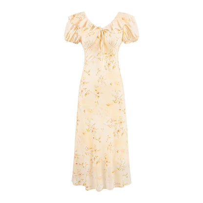 Sweet Printed Chic Puff Sleeve Chiffon Dress V neck Vacation Midi Dress