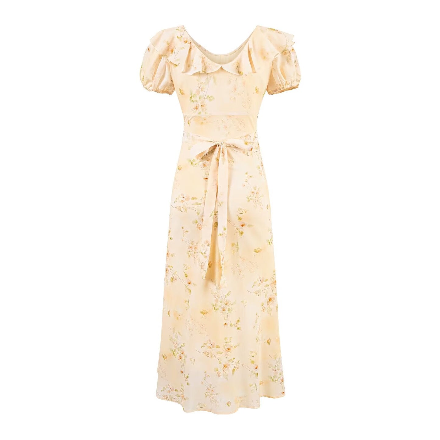 Sweet Printed Chic Puff Sleeve Chiffon Dress V neck Vacation Midi Dress