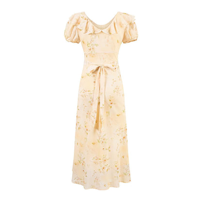 Sweet Printed Chic Puff Sleeve Chiffon Dress V neck Vacation Midi Dress