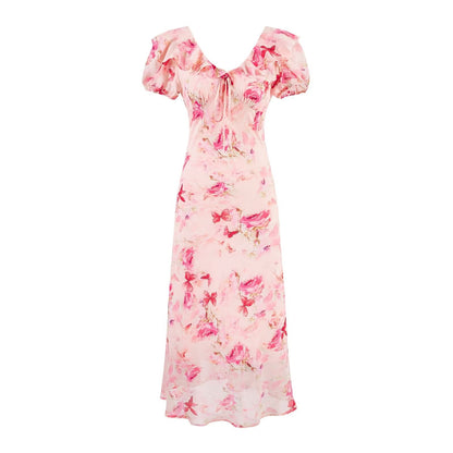 Sweet Printed Chic Puff Sleeve Chiffon Dress V neck Vacation Midi Dress