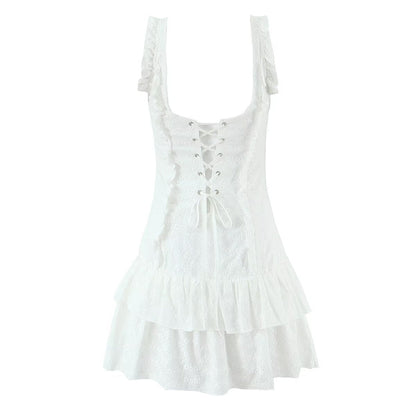 French Tight Fitting Cinched Slimming Lace Design Short Ruffled Sleeveless Mini Dress