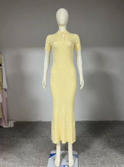 Summer Women Candy Color Slim Fit Dress Women Summer round Neck Short Sleeves Knitted Long Sweater Dress