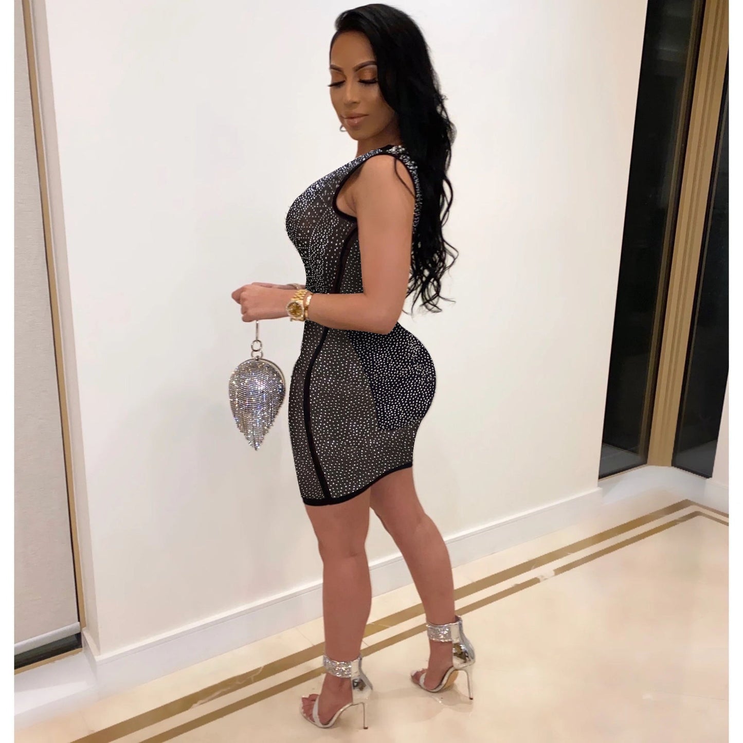 Sexy Slim-Fit Rhinestone See-through Dress Nightclub Uniforms