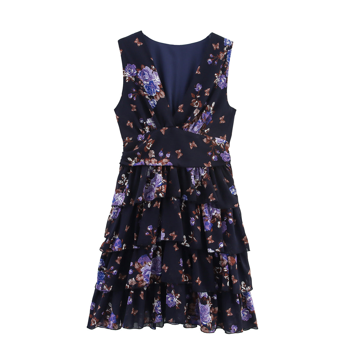 Lady Gold Floral Dress Women Summer Wear V neck Tight Waist Dress Sleeveless Laminated Vest Dress