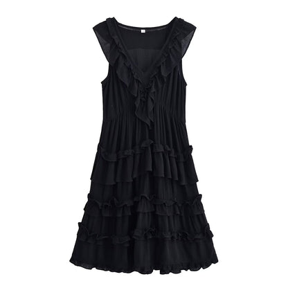 Rayon Ruffled Casual V neck Sleeveless Dress Summer Dress Women