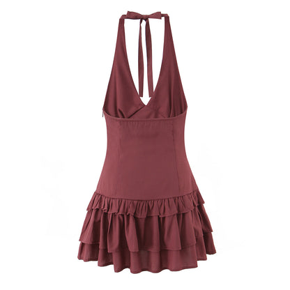 Sexy Halter Tiered Dress Women Summer Sexy Deep V Plunge neck Waist Controlled Slimming