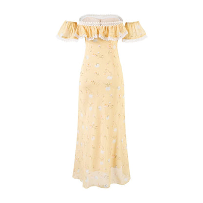 Romantic Gentle Quality Yellow Floral Dress Women Summer Vacation Waist Slimming Lace Long Dress