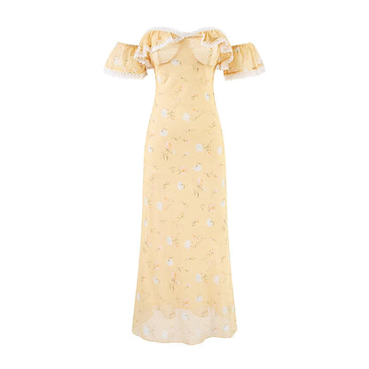 Romantic Gentle Quality Yellow Floral Dress Women Summer Vacation Waist Slimming Lace Long Dress