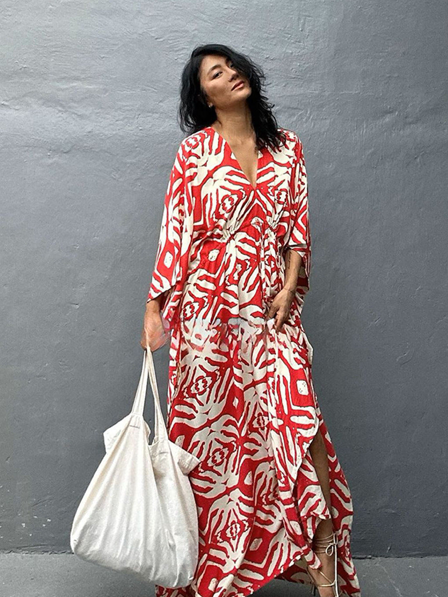 Rayon Drawstring Vacation Beach Dress Women Sunscreen Loose Robe Bikini Cover