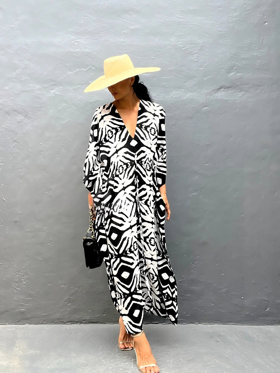 Rayon Drawstring Vacation Beach Dress Women Sunscreen Loose Robe Bikini Cover