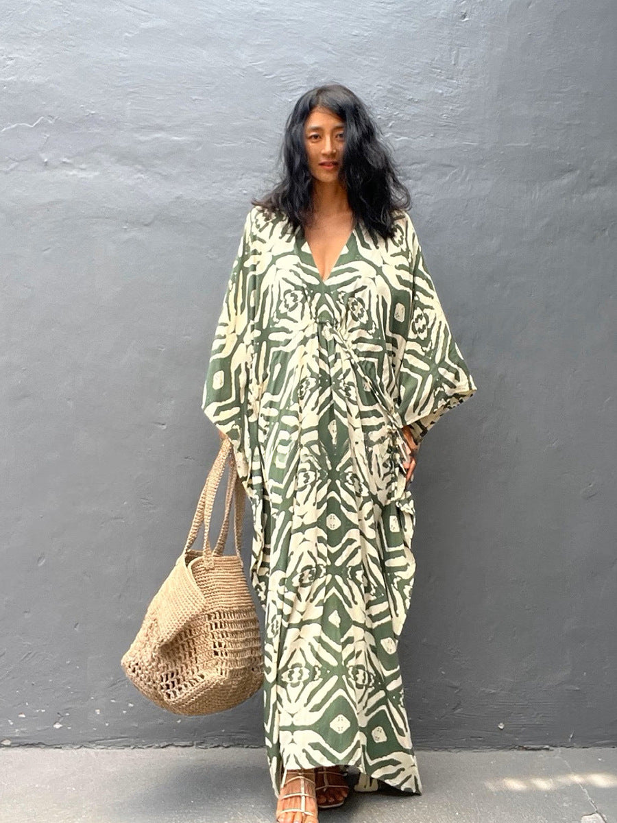 Rayon Drawstring Vacation Beach Dress Women Sunscreen Loose Robe Bikini Cover