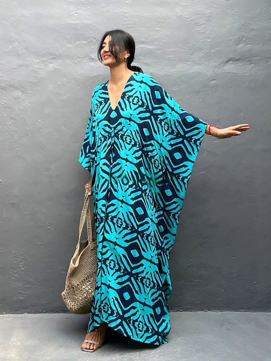 Rayon Drawstring Vacation Beach Dress Women Sunscreen Loose Robe Bikini Cover