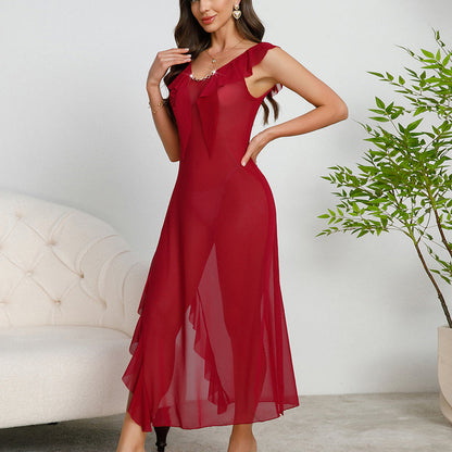 Multi Color Sexy Mesh See through Pajamas Suspenders Pearl Nightdress Evening Maxi Dress