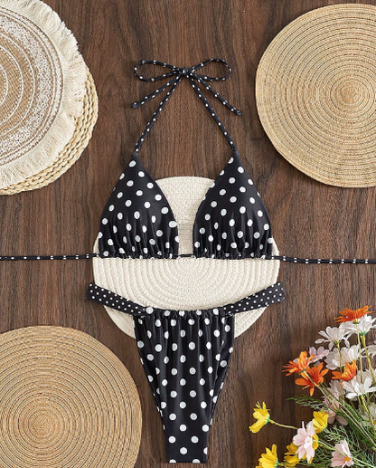 Swimsuit Women Sexy Bear Back Small Breast Push up Retro Dots Split Bikini