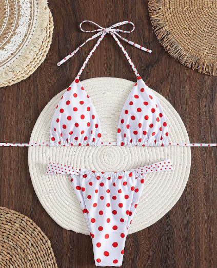 Swimsuit Women Sexy Bear Back Small Breast Push up Retro Dots Split Bikini