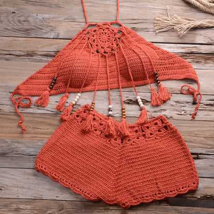 Hand-Wrapped Chest Bohemian Tassel Hollow Out Cutout Bikini Matching Hollow Out Cutout Stretch Shorts