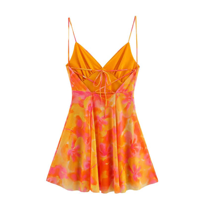 Women lothing Printed Silk Net V neck Sling Short Dress
