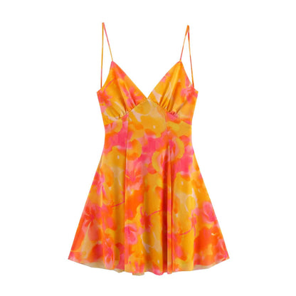 Women lothing Printed Silk Net V neck Sling Short Dress