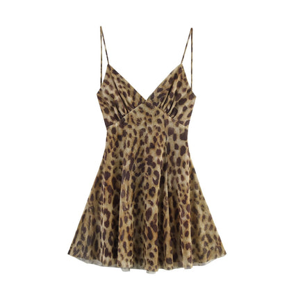 Women lothing Printed Silk Net V neck Sling Short Dress