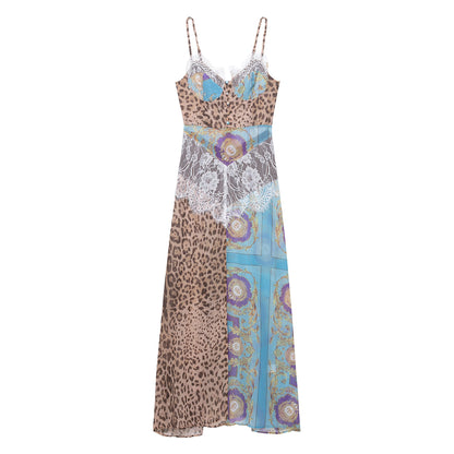 Women Clothing Color Contrast Printed Lace Slim Fit Patchwork Split Sling Dress