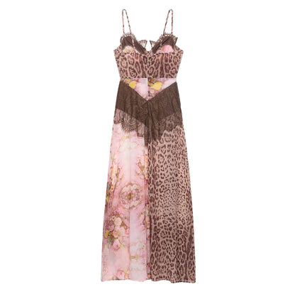 Women Clothing Color Contrast Printed Lace Slim Fit Patchwork Split Sling Dress