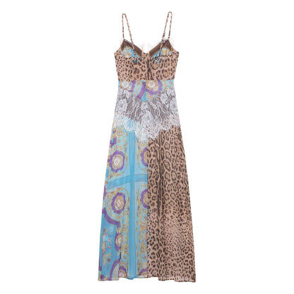 Women Clothing Color Contrast Printed Lace Slim Fit Patchwork Split Sling Dress