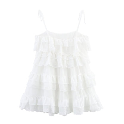 Women Clothing Summer French Embroidery Laminated Decoration Short Strap Dress