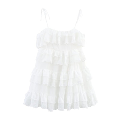 Women Clothing Summer French Embroidery Laminated Decoration Short Strap Dress