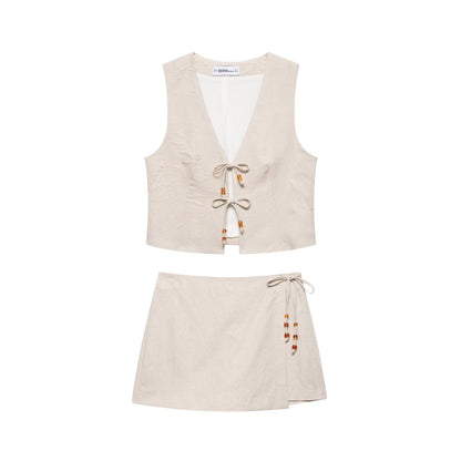 Summer Women Casual Sleeveless Beaded Vest Shorts
