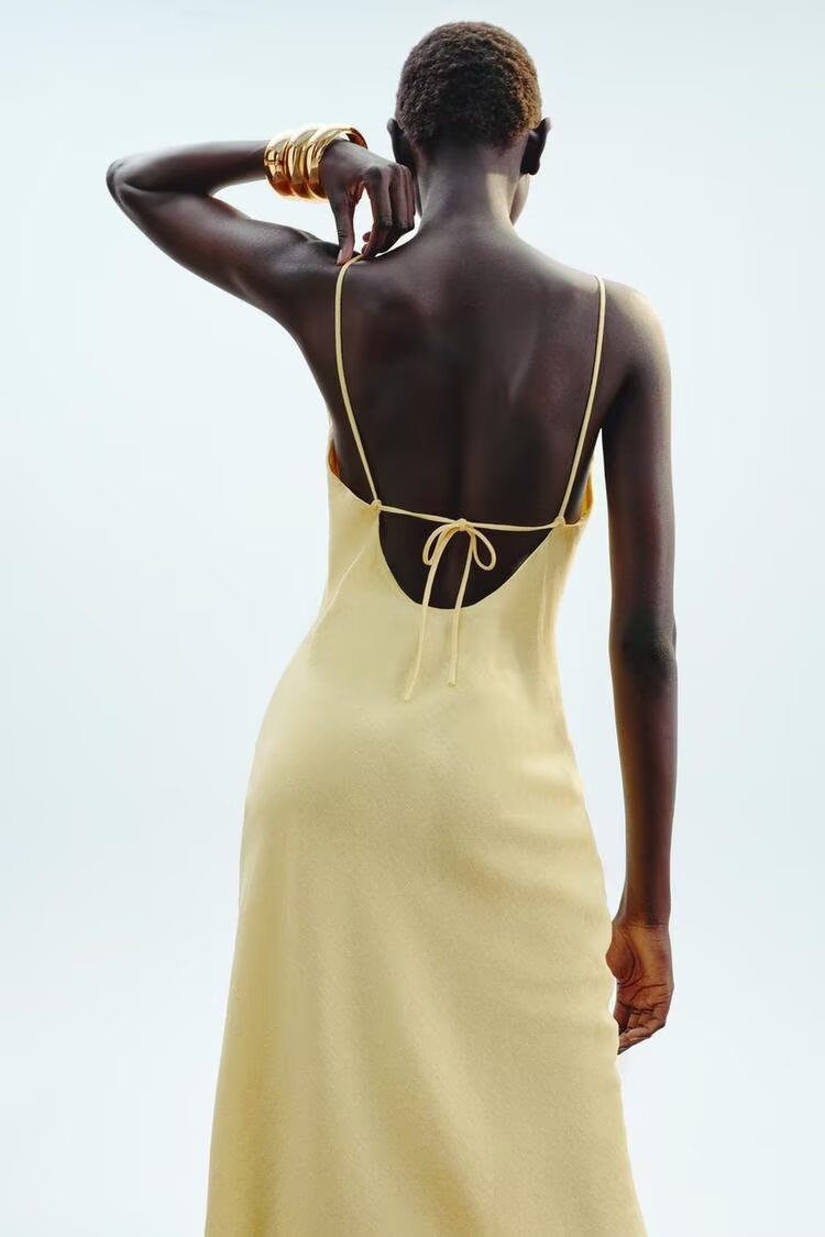 Women Clothing Summer Solid Color Gentle Linen Blend Midi Dress