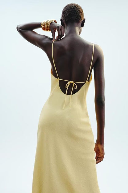Women Clothing Summer Solid Color Gentle Linen Blend Midi Dress