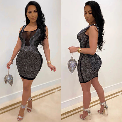 Sexy Slim-Fit Rhinestone See-through Dress Nightclub Uniforms
