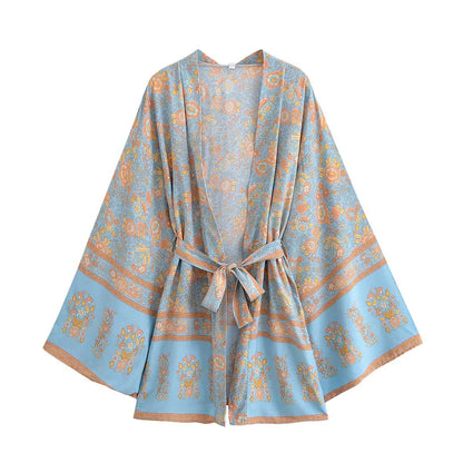 Women Clothing Summer Rayon Printed Waist Belt Casual Loose Beach Kimono Jacket