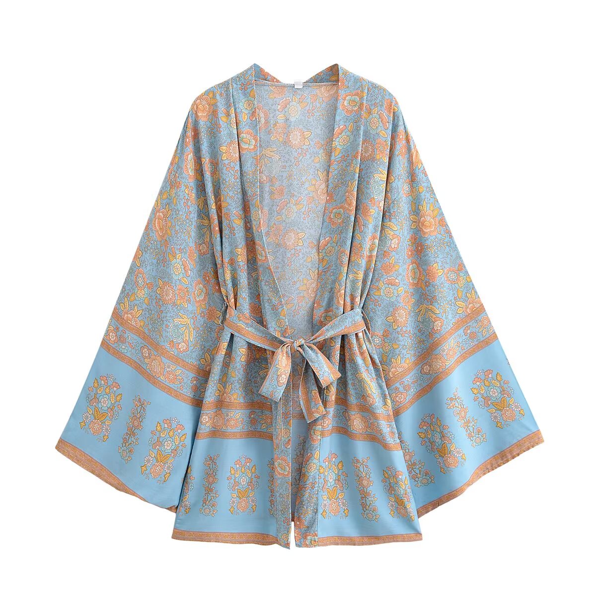 Women Clothing Summer Rayon Printed Waist Belt Casual Loose Beach Kimono Jacket