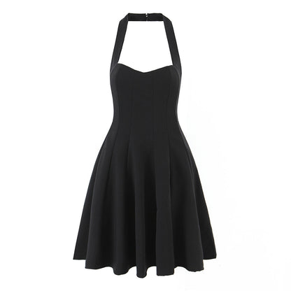 Summer Hepburn Gold Elegant Little Black Dress Women Waist Trimming Lace up Sexy Halter Dress