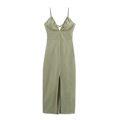 Women Clothing Solid Linen Midi Sling Dress