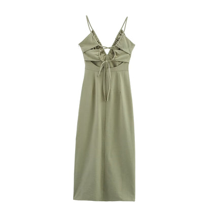 Women Clothing Solid Linen Midi Sling Dress