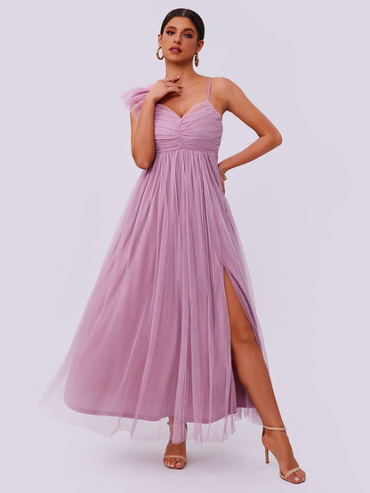 Mesh Sand Split Solid Color Dress