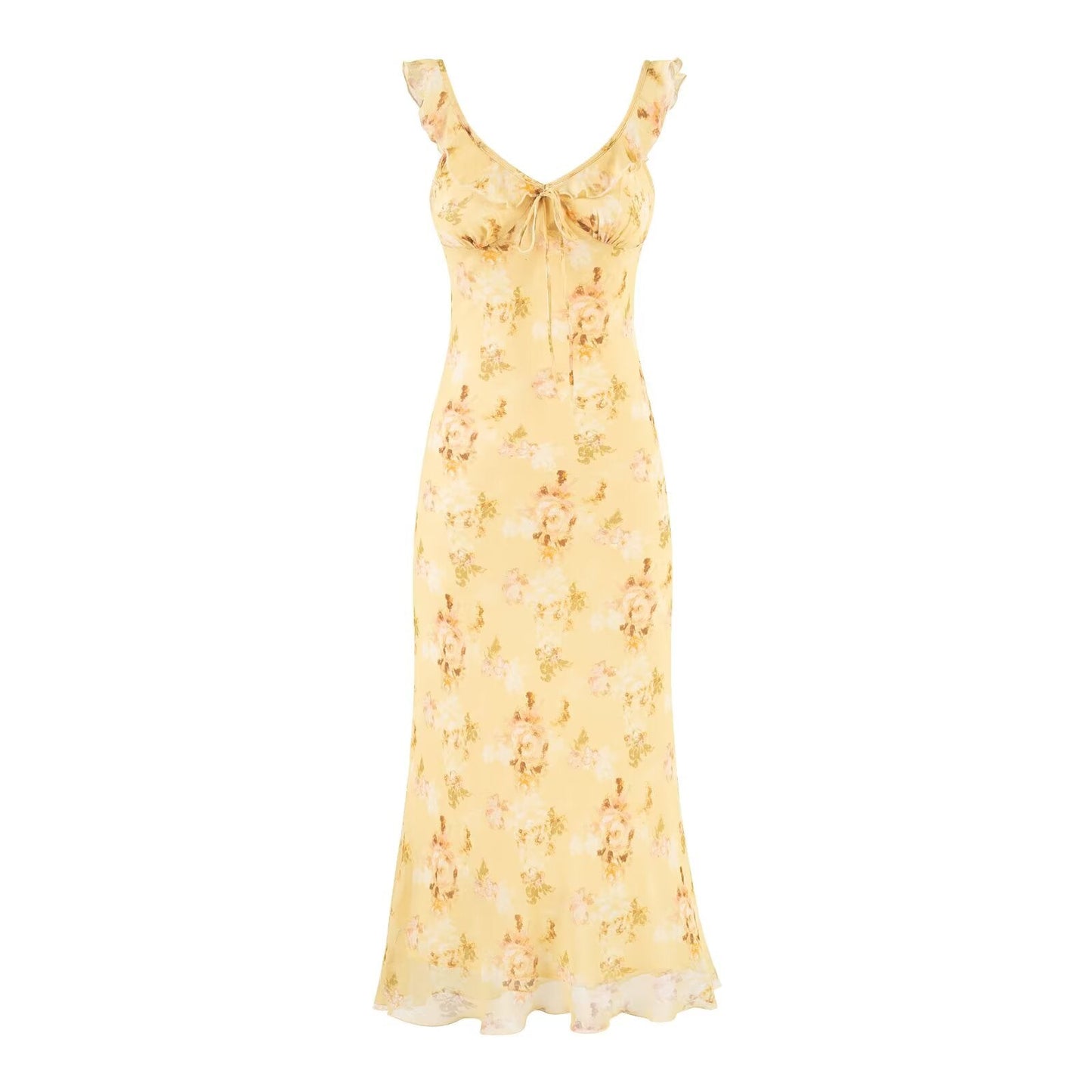 Sweet Ruffled V neck Lace up Printing Slip Dress Vacation Sexy Long Fishtail Dress
