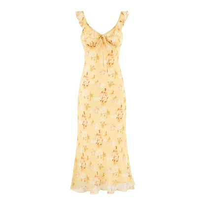 Sweet Ruffled V neck Lace up Printing Slip Dress Vacation Sexy Long Fishtail Dress