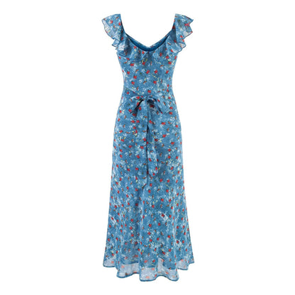 Women Clothing Summer Holiday Blue Printed Ruffled Waist Dress
