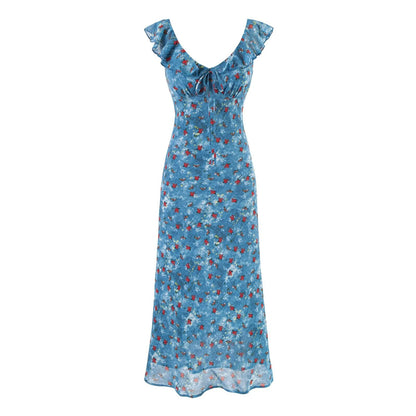 Women Clothing Summer Holiday Blue Printed Ruffled Waist Dress