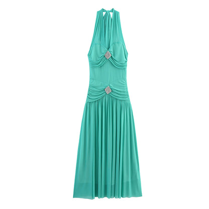 Summer Women Clothing High Elastic Mesh Beads Decoration Large Swing Lace up Halterneck Dress