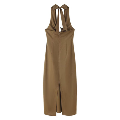 Women Clothing Spring Buckle Decoration Pleated Hanging Collar Dress