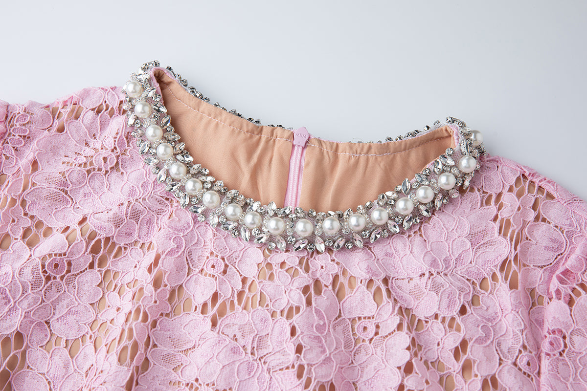 Women Spring Summer Lace Round Neck Dress