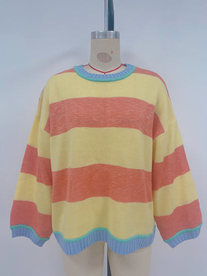 Autumn Winter Contrast Color Striped Sweater Women Pullover Fashionable Knitted Loose Lazy Top Autumn Winter Sweater Women
