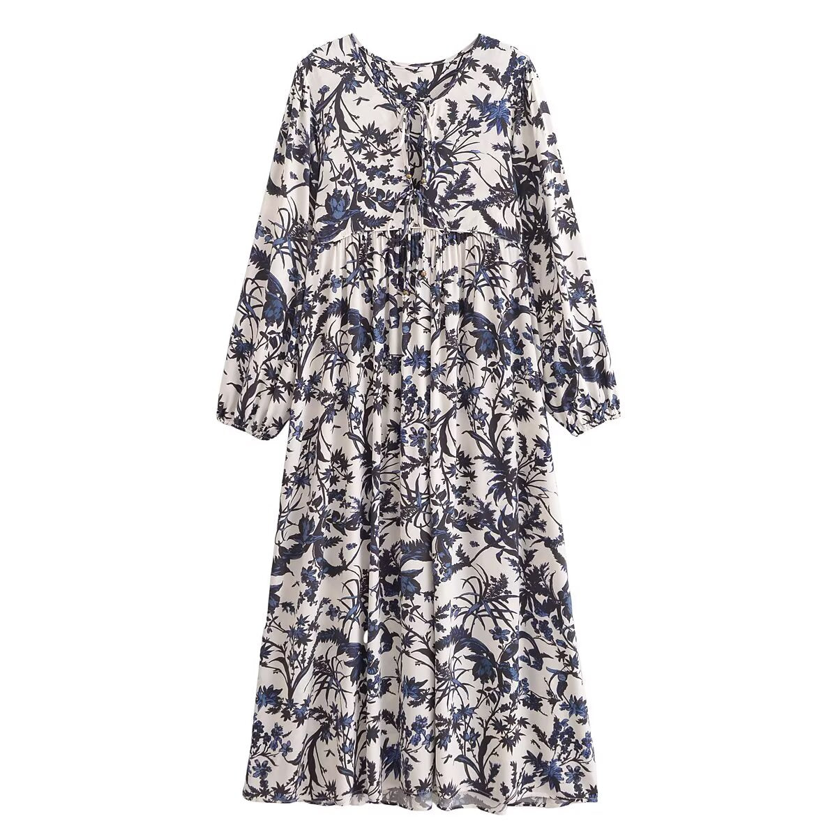 Rayon Printed Casual Bohemian Long Sleeve Dress Summer French Retro Elegant Midi Dress