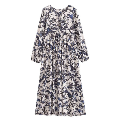 Rayon Printed Casual Bohemian Long Sleeve Dress Summer French Retro Elegant Midi Dress
